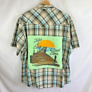 Upcycled VTG Wrangler Short Sleeve Plaid Shirt XL Michigan Great Lakes Camping